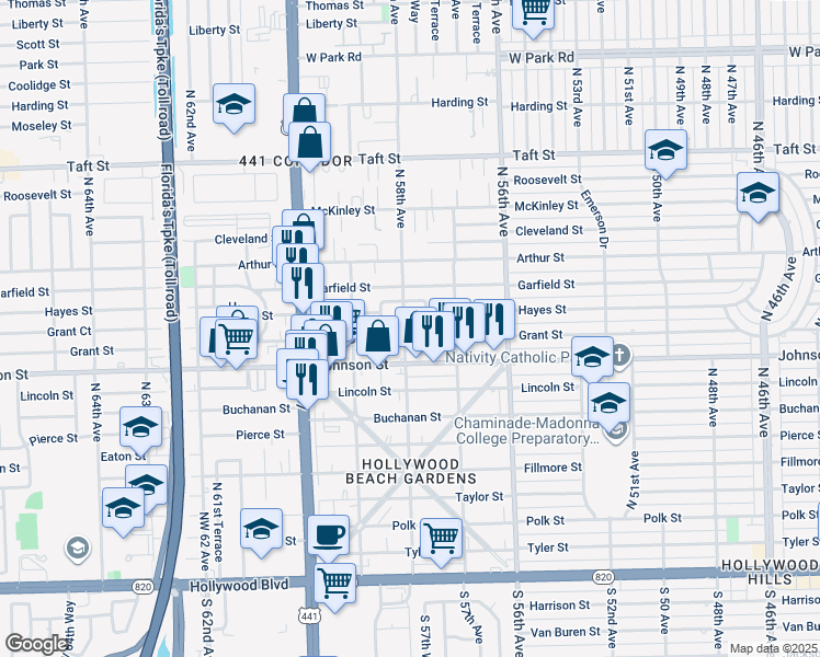 map of restaurants, bars, coffee shops, grocery stores, and more near 1006 North 58th Avenue in Hollywood