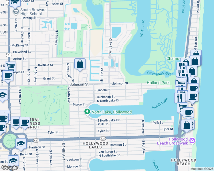 map of restaurants, bars, coffee shops, grocery stores, and more near 1106 Johnson Street in Hollywood