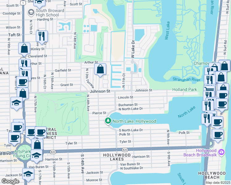 map of restaurants, bars, coffee shops, grocery stores, and more near 1188 Johnson Street in Hollywood