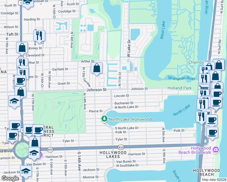 map of restaurants, bars, coffee shops, grocery stores, and more near 1144 Johnson Street in Hollywood