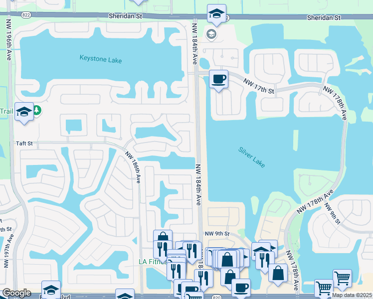 map of restaurants, bars, coffee shops, grocery stores, and more near 18421 Northwest 18th Street in Pembroke Pines