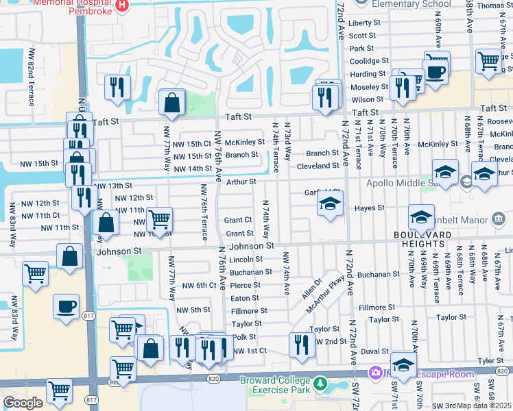 map of restaurants, bars, coffee shops, grocery stores, and more near 1121 North 75th Avenue in Hollywood