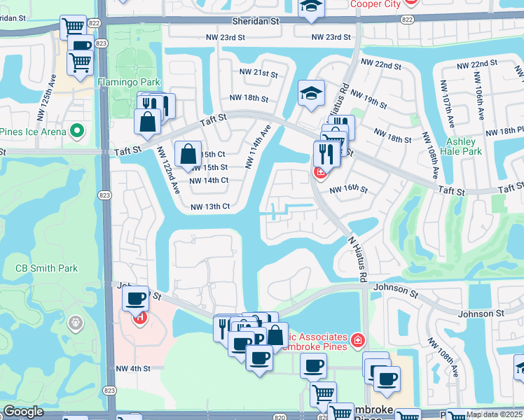 map of restaurants, bars, coffee shops, grocery stores, and more near 1512 Northwest 113th Way in Pembroke Pines