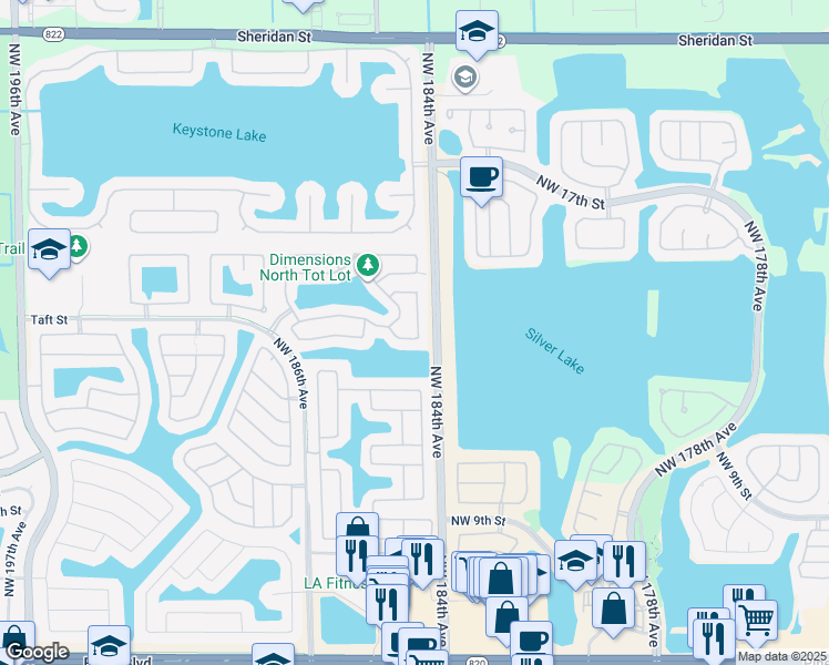 map of restaurants, bars, coffee shops, grocery stores, and more near 18421 Northwest 18th Street in Pembroke Pines