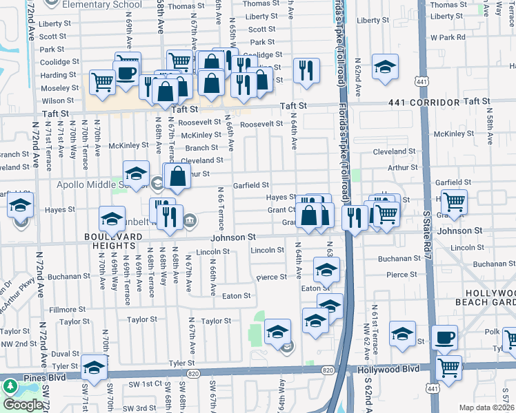 map of restaurants, bars, coffee shops, grocery stores, and more near 6531 Grant Ct in Hollywood