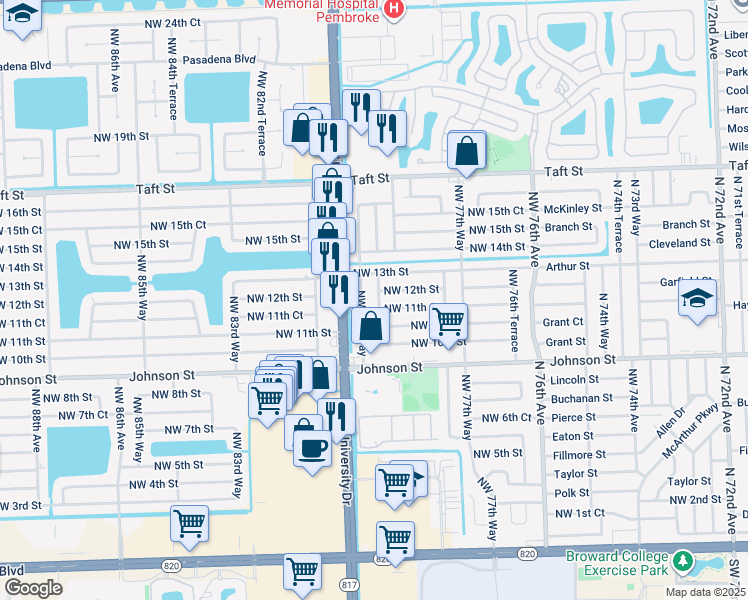 map of restaurants, bars, coffee shops, grocery stores, and more near 1150 Northwest 79th Terrace in Pembroke Pines