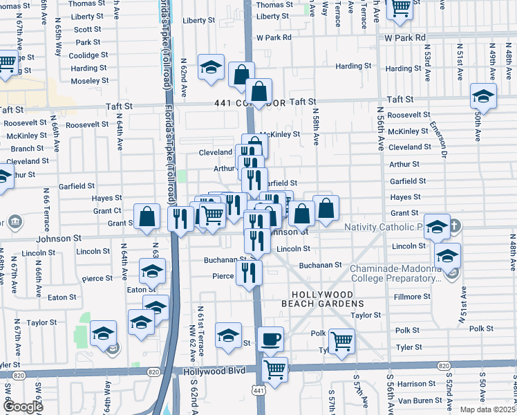 map of restaurants, bars, coffee shops, grocery stores, and more near 1010 North State Road 7 in Hollywood