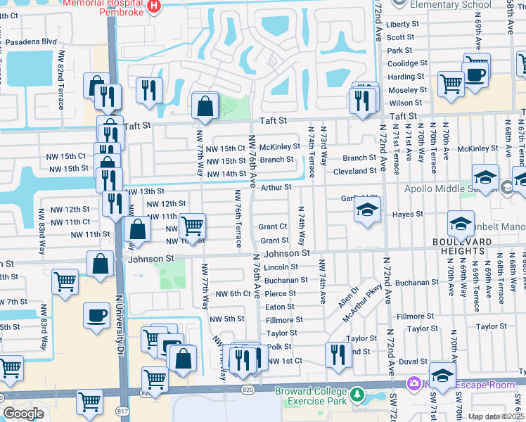 map of restaurants, bars, coffee shops, grocery stores, and more near 7525 Hayes Street in Hollywood