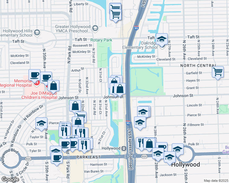 map of restaurants, bars, coffee shops, grocery stores, and more near 3039 Johnson Street in Hollywood
