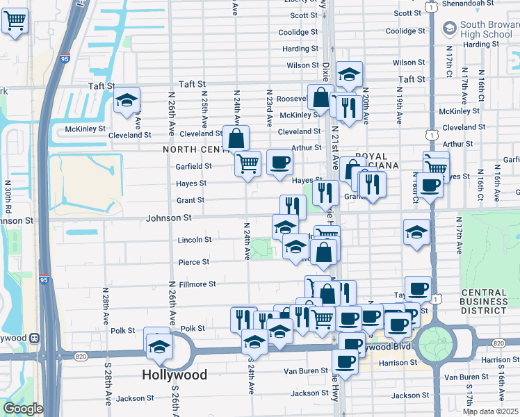 map of restaurants, bars, coffee shops, grocery stores, and more near 2319 Johnson Street in Hollywood