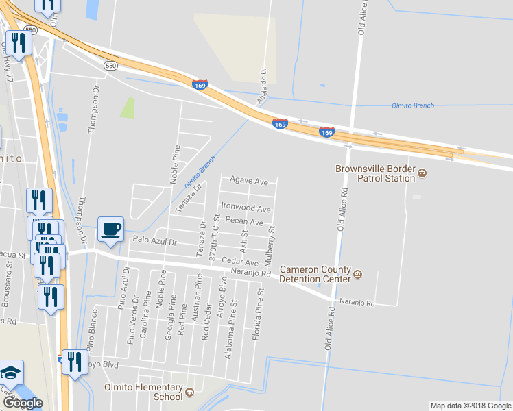 map of restaurants, bars, coffee shops, grocery stores, and more near 7565 Ironwood Avenue in Brownsville