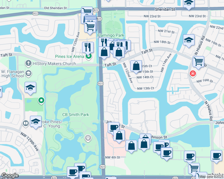 map of restaurants, bars, coffee shops, grocery stores, and more near 12286 Northwest 13th Court in Pembroke Pines