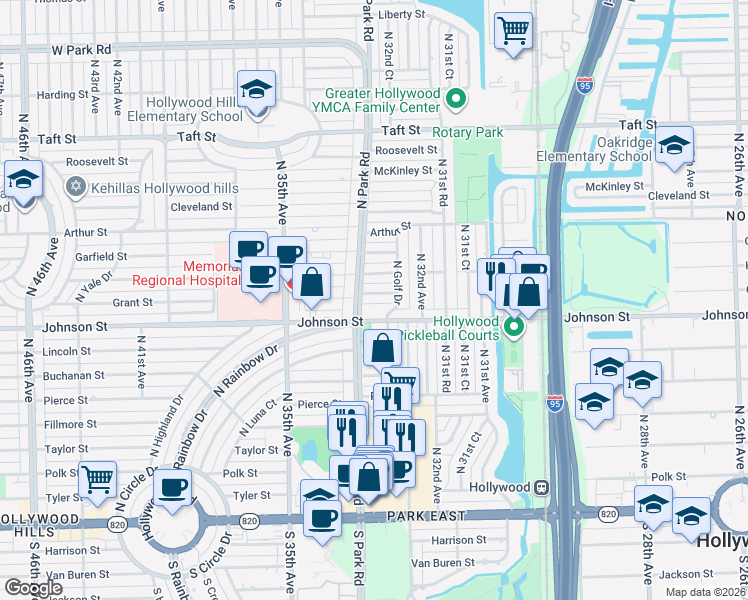 map of restaurants, bars, coffee shops, grocery stores, and more near 3246 Grant Street in Hollywood
