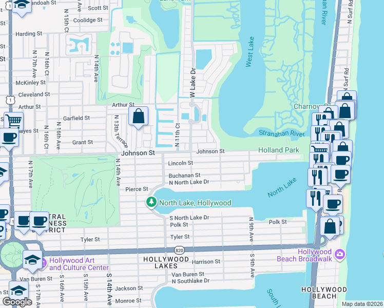map of restaurants, bars, coffee shops, grocery stores, and more near 1106 Johnson Street in Hollywood