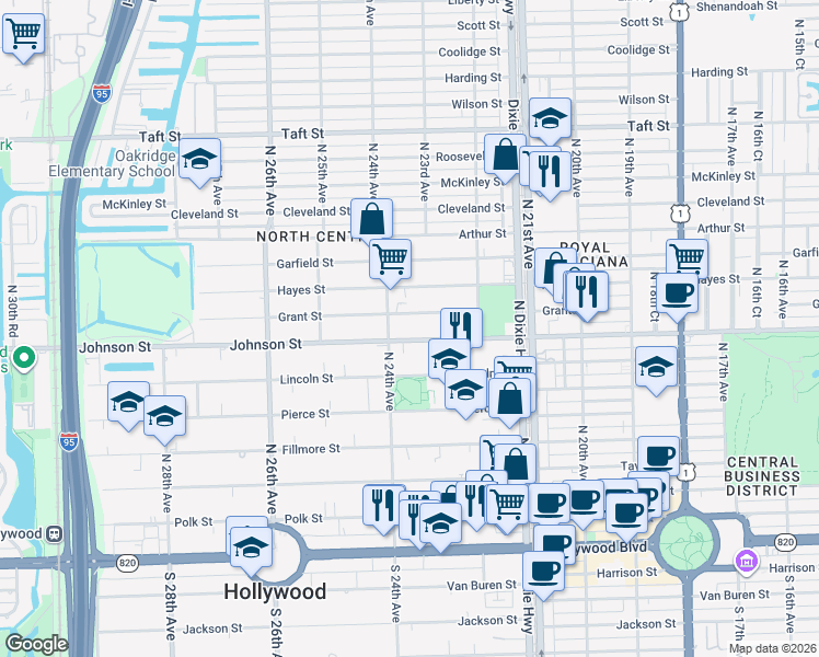 map of restaurants, bars, coffee shops, grocery stores, and more near 2319 Johnson Street in Hollywood