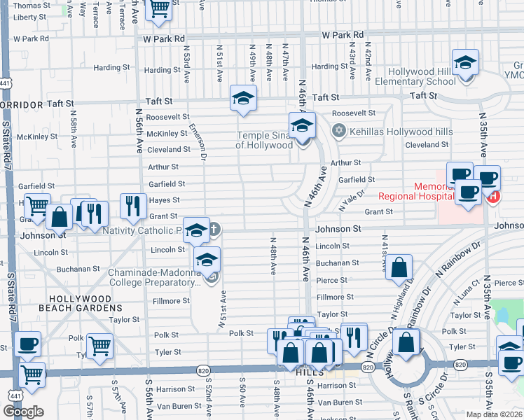map of restaurants, bars, coffee shops, grocery stores, and more near 4907 Grant Street in Hollywood