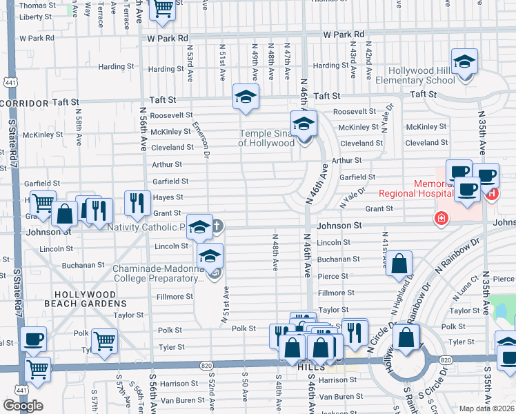 map of restaurants, bars, coffee shops, grocery stores, and more near 4907 Grant Street in Hollywood