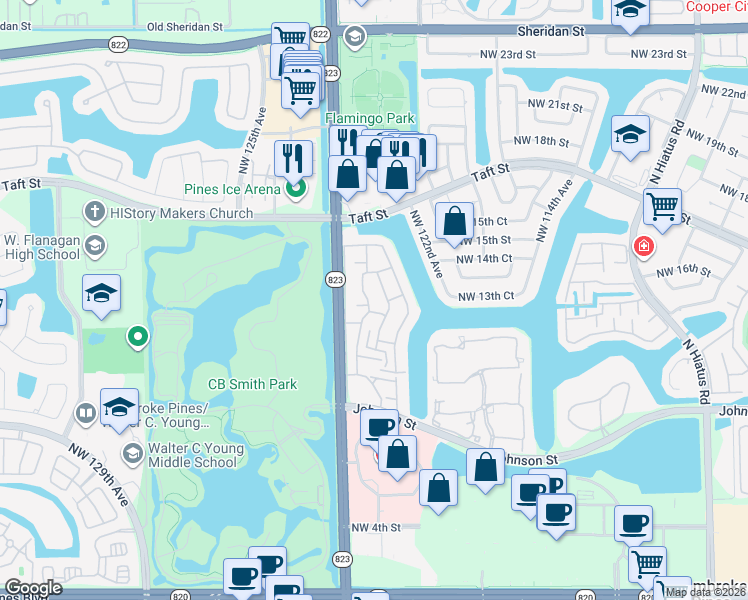 map of restaurants, bars, coffee shops, grocery stores, and more near 12286 Northwest 13th Court in Pembroke Pines