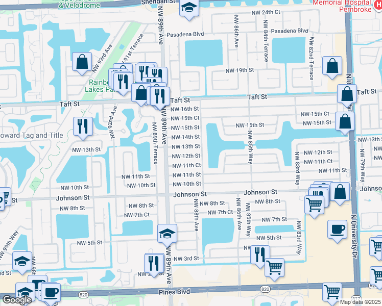 map of restaurants, bars, coffee shops, grocery stores, and more near 8791 Northwest 12th Street in Pembroke Pines
