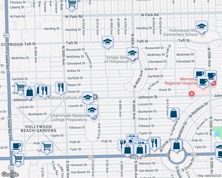 map of restaurants, bars, coffee shops, grocery stores, and more near 4907 Grant Street in Hollywood