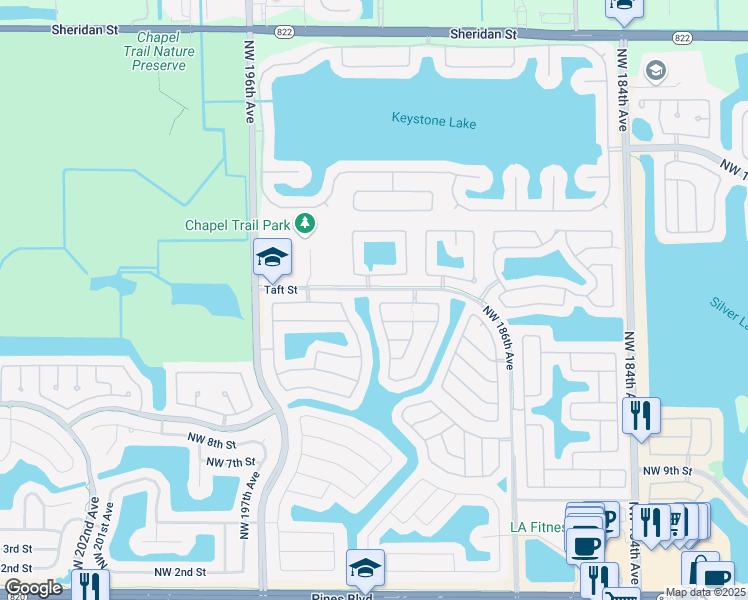 map of restaurants, bars, coffee shops, grocery stores, and more near 1398 Northwest 192nd Lane in Pembroke Pines