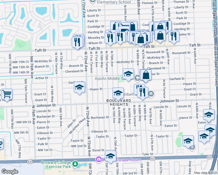 map of restaurants, bars, coffee shops, grocery stores, and more near 1101 North 70th Terrace in Hollywood