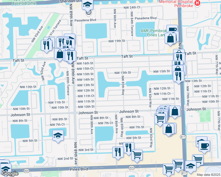 map of restaurants, bars, coffee shops, grocery stores, and more near 8631 Northwest 12th Street in Pembroke Pines