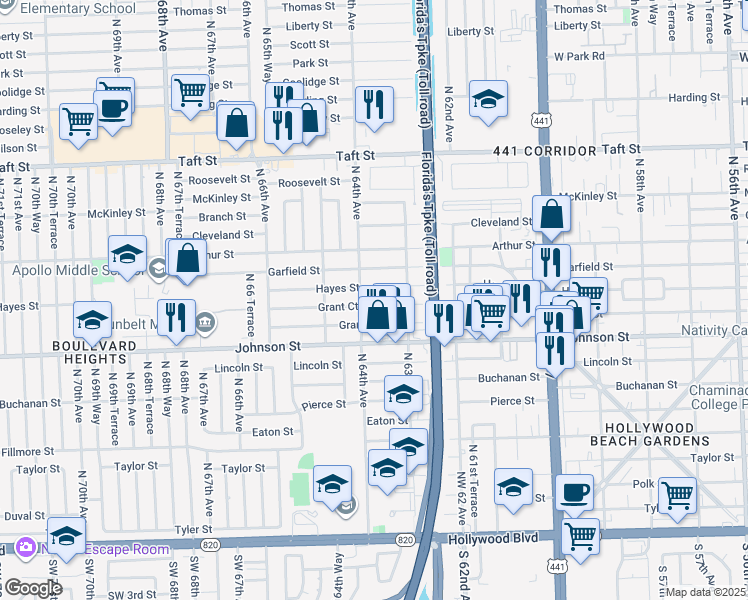 map of restaurants, bars, coffee shops, grocery stores, and more near 6329 Grant Court in Hollywood