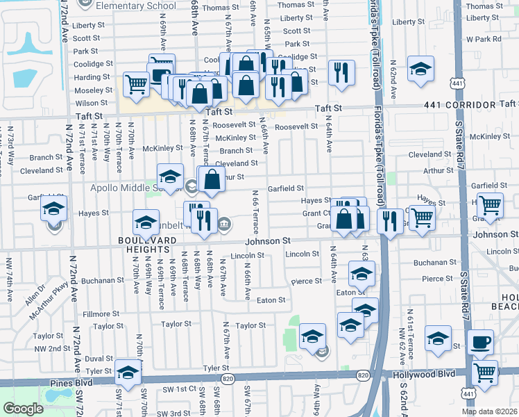 map of restaurants, bars, coffee shops, grocery stores, and more near 6591 Grant Court in Hollywood