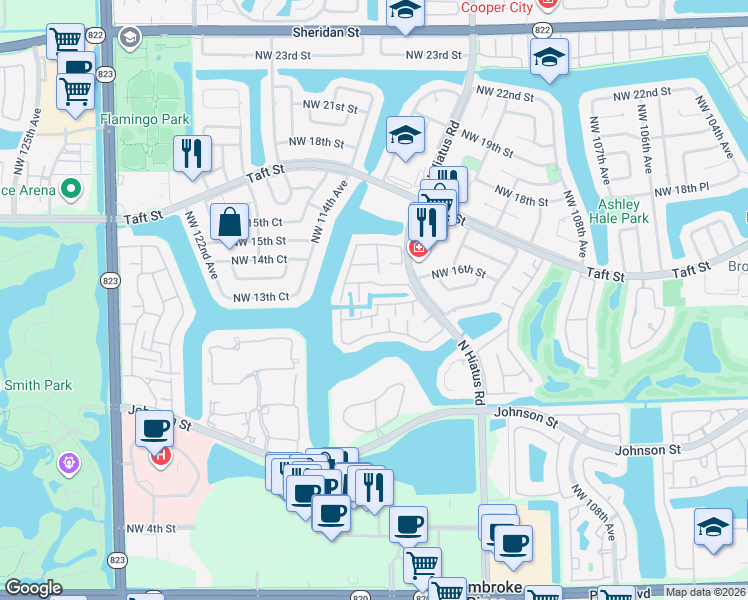 map of restaurants, bars, coffee shops, grocery stores, and more near 11311 Northwest 15th Place in Pembroke Pines
