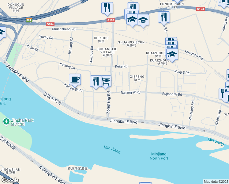map of restaurants, bars, coffee shops, grocery stores, and more near Ru Jiang Xi Lu in Fu Zhou Shi