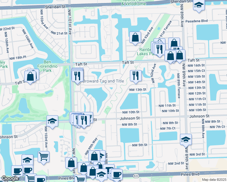 map of restaurants, bars, coffee shops, grocery stores, and more near 1406 Northwest 97th Avenue in Pembroke Pines