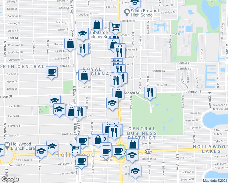 map of restaurants, bars, coffee shops, grocery stores, and more near 1825 Johnson Street in Hollywood