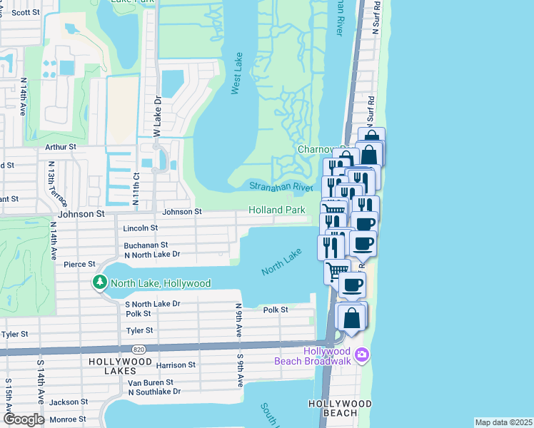map of restaurants, bars, coffee shops, grocery stores, and more near 808 Johnson Street in Hollywood