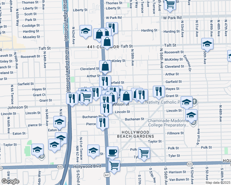 map of restaurants, bars, coffee shops, grocery stores, and more near 5910 Hayes Street in Hollywood