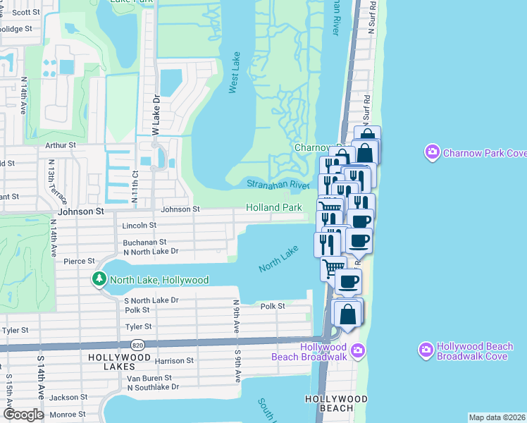 map of restaurants, bars, coffee shops, grocery stores, and more near 759 North North Lake Drive in Hollywood