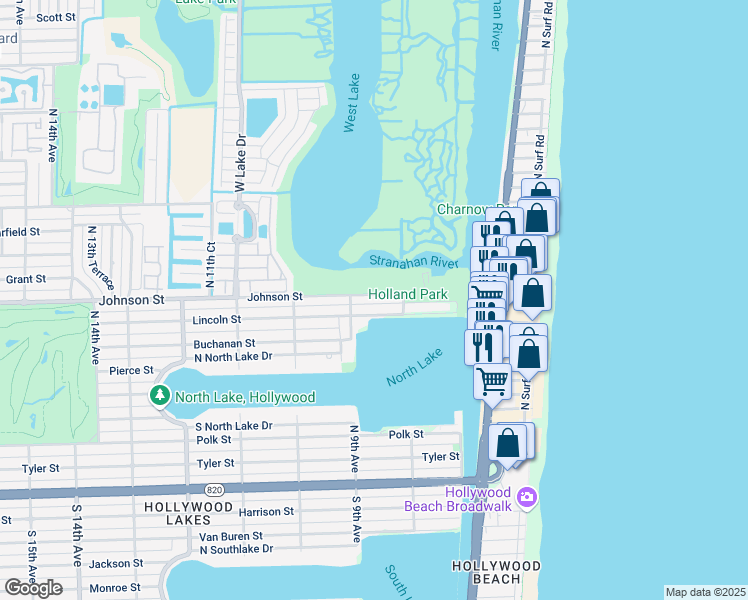 map of restaurants, bars, coffee shops, grocery stores, and more near 838 Johnson Street in Hollywood