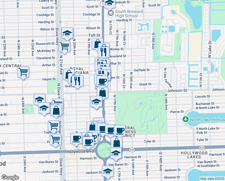 map of restaurants, bars, coffee shops, grocery stores, and more near 1727 Johnson Street in Hollywood