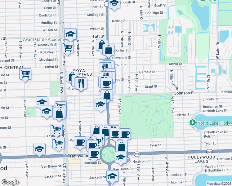 map of restaurants, bars, coffee shops, grocery stores, and more near 1727 Johnson Street in Hollywood