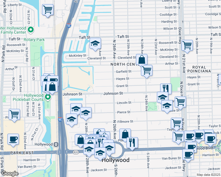 map of restaurants, bars, coffee shops, grocery stores, and more near 2610 Grant Street in Hollywood