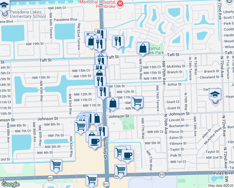 map of restaurants, bars, coffee shops, grocery stores, and more near 1150 Northwest 79th Terrace in Pembroke Pines