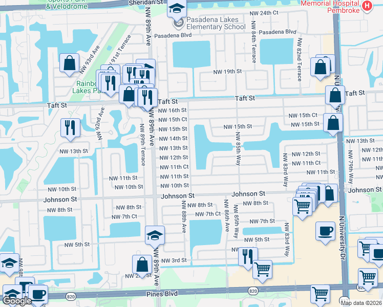 map of restaurants, bars, coffee shops, grocery stores, and more near 1201 Northwest 87th Way in Pembroke Pines