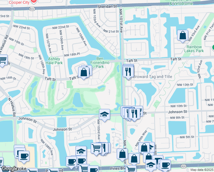 map of restaurants, bars, coffee shops, grocery stores, and more near 10308 Fairway Road in Pembroke Pines