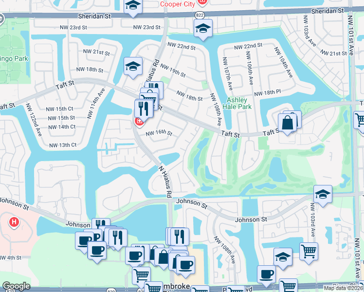 map of restaurants, bars, coffee shops, grocery stores, and more near 1431 West Fairway Road in Pembroke Pines