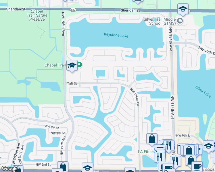map of restaurants, bars, coffee shops, grocery stores, and more near 19265 Northwest 14th Street in Pembroke Pines