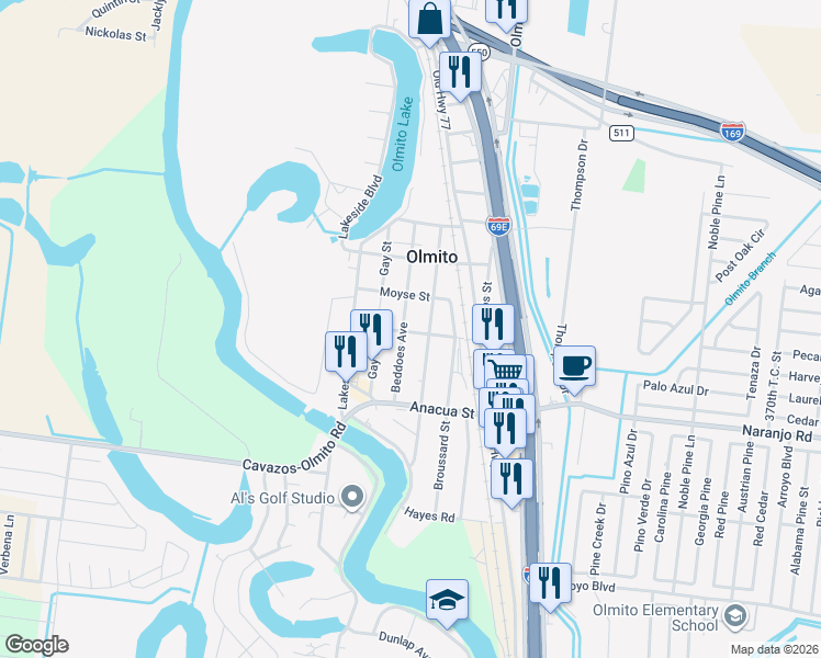 map of restaurants, bars, coffee shops, grocery stores, and more near 9214-9226 Fresnos Street in Olmito