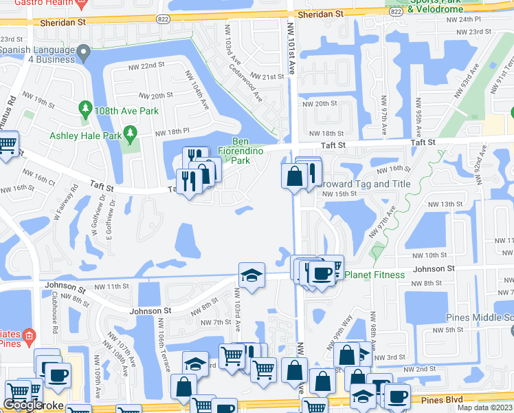 map of restaurants, bars, coffee shops, grocery stores, and more near 10308 Fairway Road in Pembroke Pines