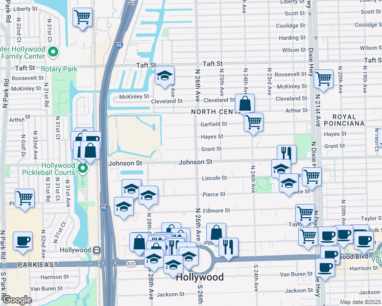 map of restaurants, bars, coffee shops, grocery stores, and more near 2610 Grant Street in Hollywood