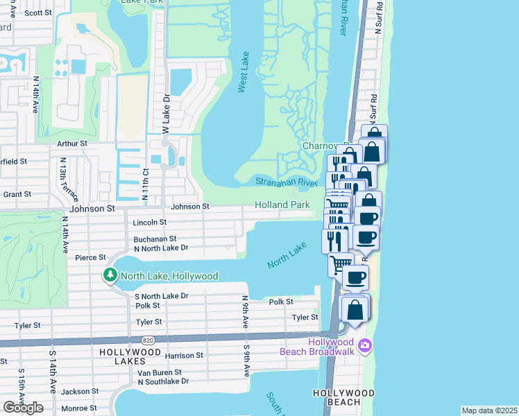 map of restaurants, bars, coffee shops, grocery stores, and more near 838 Johnson Street in Hollywood