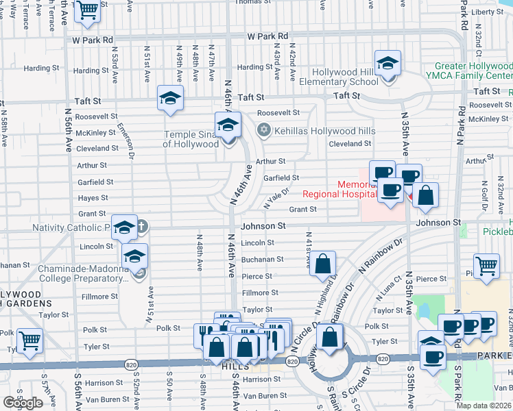 map of restaurants, bars, coffee shops, grocery stores, and more near 1001 East Hawthorne Circle in Hollywood